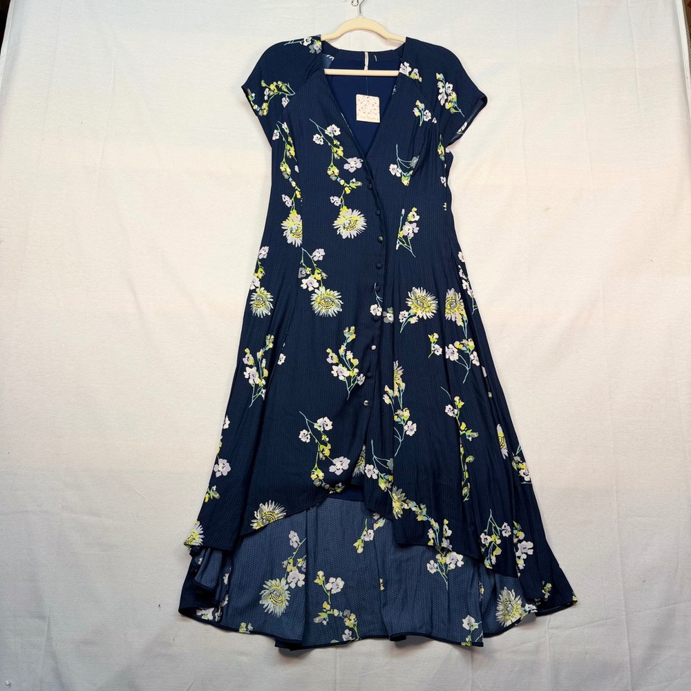 Free People Floral High Low Midi Dress Blue Combo OB770113 Navy Sunflowers S
